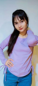 DRAWSTRING RUCHED SOLID FULL SLEEVE TEE-LILAC